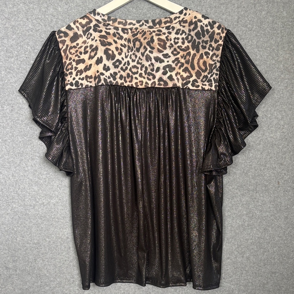 NEW! Two Toned Babydoll Blouse in Black Shimmer Animal Print accents  L Black - Picture 7 of 11
